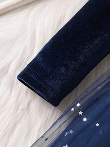 Elladie kids 年轻女孩时尚优雅勃艮第星亮片网纱薄纱连衣裙，宝石领长袖蝴蝶结装饰公主派对礼服，春/秋 - 寶藍色 - 查看 5
