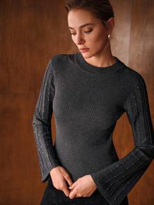 MOTF PREMIUM Áo len cổ loe tay loe đính đá lấp lánh thanh lịch cho buổi hẹn hò, mùa thu/đông - màu đen - Xem 5