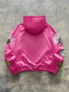 AXEPEAK Men's Letter & Cross Print Loose Fit Casual Hoodie Sweatshirt - Hot Pink - View 2