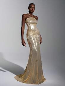 Elitara 优雅、时尚、闪亮、手工镶嵌水钻、弧形领口、褶皱设计、喇叭腰身、扭结、打褶、修身廓形，适合晚宴、商务活动、婚礼宾客、女士晚礼服、网纱连衣裙、正式礼服、连衣裙 - 杏色 - 查看 2