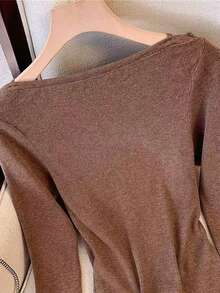 GlowEve T-shirt a maniche a sbuffo di colore unito, casual, autunnale - Moka Marrone - Visualizzare 5