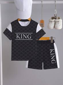 SHEIN Playful Pals 1 Set Conjunto de camiseta de manga corta y pantalones cortos de bebé niño con estampado en blanco y negro, camiseta de cuello redondo de manga corta con estampado de la palabra "REY" y pantalones cortos para uso casual y al aire libre - Multicolor - Ver 3