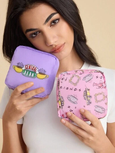 FRIENDS X SHEIN 1/1 Set Of Cartoon Pattern Printed Polyester Fiber Storage Bags, Which Can Be Used As Feminine Hygiene Storage Bags, Digital Storage Bags, Small Object Storage Bags, Friendship, Coffee