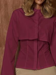 MUSERA 叠层修身纽扣前襟收腰翻领衬衫，可爱优雅性感，适合约会、外出、秋季、夜间外出、工作、度假、春夏等各种场合。 - 酒紅色 - 查看 2