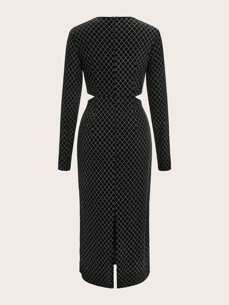 SHEIN Maija Black Velvet V-Neck Plaid Design Long Sleeve Twist Waist Hollow Out Dress, Suitable For Christmas, Party, And Gatherings Women Dresses Autumn Winter Cozy Fall And Winter Clothes For Women Elegant Dresses For Party Sequin Dress Winter Dresses For Women Maija Fall Winter 2025 Women Sequin Dress Black Dress Stylish Clothing Collection,Wedding Guest Dress Women Unique Dress Cut Out Dresses New Year Dress