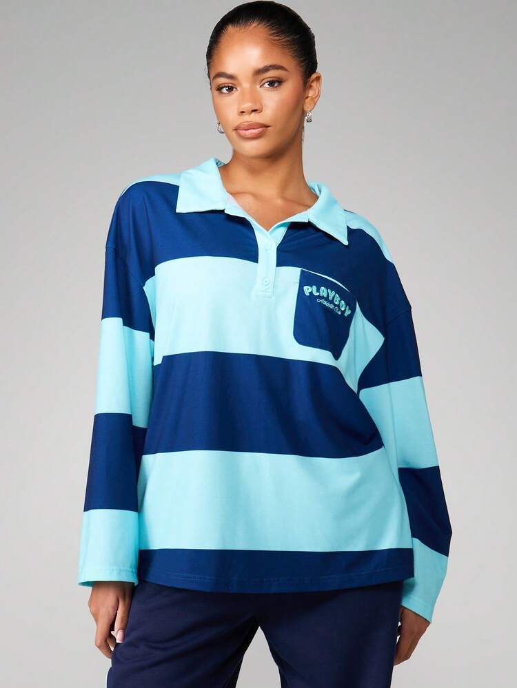 Missguided x Playboy Striped Polo Shirt With Athletic Logo