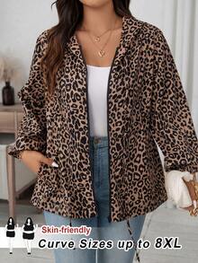 SHEIN CURVE+ Áo khoác trùm đầu in họa tiết toàn trang cỡ lớn dành cho nữ, có dây rút ở eo, phù hợp cho mùa thu đông, có túi, trang phục mùa đông - Nhiều màu - Xem 1