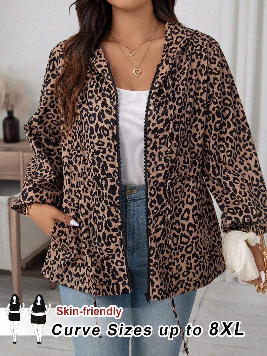 SHEIN CURVE+ Áo khoác trùm đầu in họa tiết toàn trang cỡ lớn dành cho nữ, có dây rút ở eo, phù hợp cho mùa thu đông, có túi, trang phục mùa đông - Nhiều màu - Xem 1