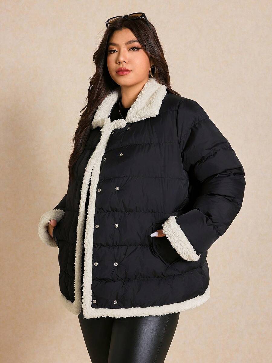 Elaquor Abrigo de felpa negra con parches de piel sintética, estilo urbano chic minimalista y casual para mujer de talla grande en invierno - Negro - Ver 1