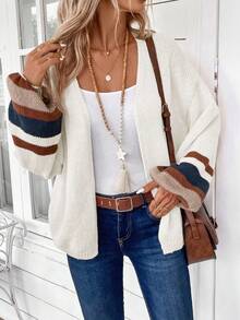 EMERY ROSE 秋季大码女式休闲落肩撞色条纹开衫 - 杏色 - 查看 4