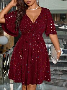 SHEIN Clasi Plus Size Women Laser Sequin Waist Flattering Elegant Light Cocktail Dress - Burgundy - View 1