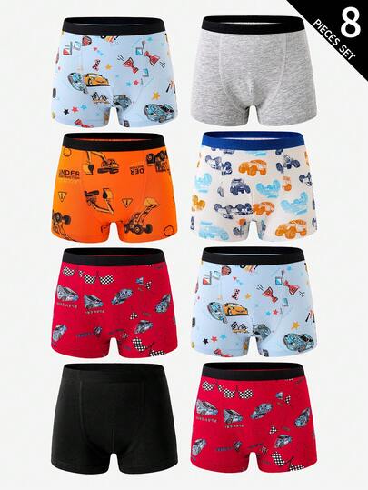 8pcs Boys' Comfortable Simple Cute Car & Excavator Printed Solid Color Briefs