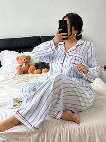 Napfluff CURVE Napfluff CURVE 大码泡泡褶皱条纹撞色滚边睡衣套装 秋冬服装 - 灰色 - 查看 1