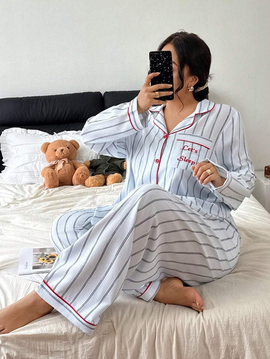 Napfluff CURVE Napfluff CURVE 大码泡泡褶皱条纹撞色滚边睡衣套装 秋冬服装 - 灰色 - 查看 1