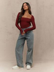 MISSGUIDED Long Sleeve Square Neck Fitted Bodysuit For Women Fall Winter Layering Essential