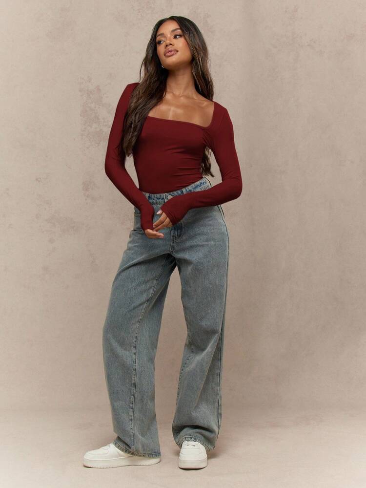 MISSGUIDED Long Sleeve Square Neck Fitted Bodysuit For Women Fall Winter Layering Essential