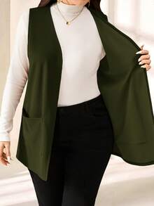 EMERY ROSE Plus Size Solid Color Sleeveless Loose Pocket Simple Casual Jacket,Spring/Summer,Summer,Vacation Woman / Vacation/Winter - Army Green - View 6