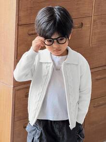 SHEIN Little Byeori 兒童小男孩休閒扭花前開拉鍊針織秋季開襟衫 - 白色 - 查看 5