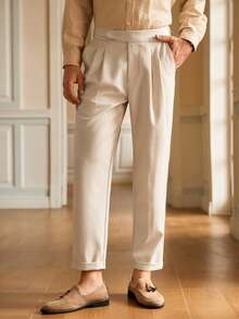 HIMLAND Men's Solid Color Fold Pleated Pocket Business Suit Pants - Beige - View 6