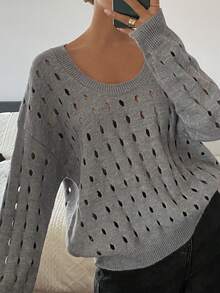 DAZY Women's Solid Color Loose Hollow Out Long Sleeve Casual Street Knit Sweater, Autumn/Winter - Grey - View 5