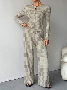 SHEIN Tall 2pcs Women Casual Striped Front Button Long Sleeve Top And Wide Leg Pants Set, Autumn - Multicolor - View 9