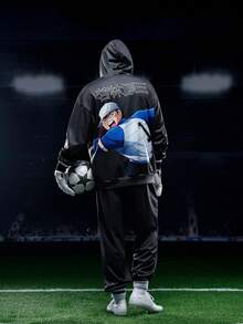 Captain Tsubasa X SHEIN Men's Casual Sports Anime Football Figure Letter Graphic Dropped Shoulder Loose Drawstring Hoodie And Sweatpants Set, Spring/Autumn - Dark Grey - View 1
