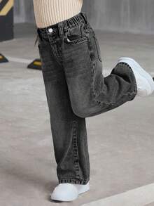 SHEIN 年轻女孩 Y2K 复古蓝色牛仔布毛绒宽腿宽松牛仔裤，羊毛加厚保暖牛仔裤，女孩秋冬装