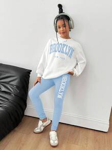 2pcs Tween Girl Letter Print Knit Sweatshirt And Knit Leggings Set, Casual Graphic Fashion Everyday Versatile School White Autumn - Blue - View 6