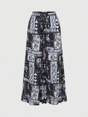 Goth Pantalones anchos versátiles de estilo gótico retro para mujer con estampados de setas, sol, luna, estrellas y serpientes