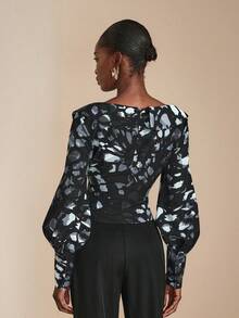 JIAN LASALA Camicetta donna casual a maniche lunghe con stampa all-over, abbottonatura frontale, vita stretta, scollo a V profondo, collezione di abbigliamento elegante e di lusso, top con grafica raffinata per l'autunno