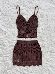 Soleia 全新休闲度假西部海滩婚礼宾客服装返校毕业早午餐、圣帕特里克节春假复活节音乐节优雅波西米亚风热带露背钩针露背短款上衣和迷你裙两件套女装 - 卡其色 - 查看 2