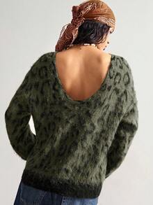 Bohemela 波西米亚风秋冬外套，女士复古豹纹不对称领宽松针织套头毛衣，西部乡村风格，适合度假、日常穿着、返校季、圣诞节、新年等场合。 - 軍綠色 - 查看 6
