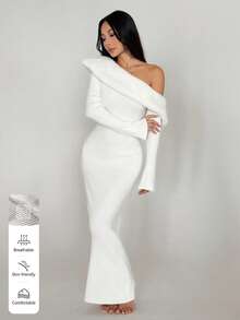 SHEIN MOOSTA Sexy Solid Color Asymmetric Collar Long Sleeve Sweater Dress - White - View 1