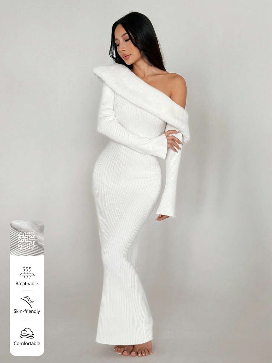 SHEIN MOOSTA Sexy Solid Color Asymmetric Collar Long Sleeve Sweater Dress - White - View 1