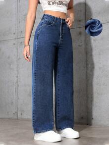 Jeanoix 女式高腰口袋阔腿宽松休闲牛仔裤 - 深色水洗藍 - 查看 6