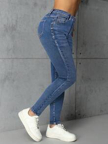 SHEIN Essnce 休闲中腰紧身洗水蓝牛仔裤 - 中等水洗藍 - 查看 5