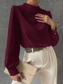 SHEIN X Scot Louie BizChic 女士酒红色翻领褶皱宽松灯笼袖长袖衬衫，现代优雅都市通勤日常浪漫90年代复古圣诞新年风格，适合情人节派对、海滩、毕业典礼、时尚、休闲、浪漫场合，也适合婚礼宾客、主人、约会、派对、音乐会、早午餐、机场等场合。 - 中紫紅色 - 查看 5