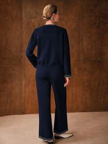 MOTF PREMIUM CHIC 2 PIECES KNIT SET: CONTRAST TRIM CREW NECK SWEATER AND WIDE LEG PANTS WITH CONTRAST HEM, AUTUMN/WINTER - Navy Blue - View 4