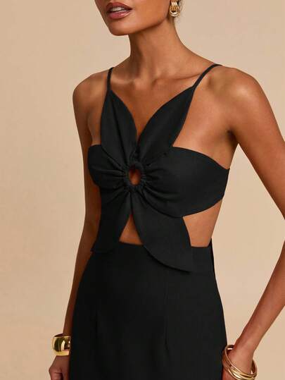 Travachic Vacation Casual Petal Backless Strap Dress, Three-Dimensional Flower, Beach Vacation Outfits, Christmas Party Clothes, New Year Look, Thanksgiving Outfits, Elegant Dresses Party, Luxury Evening Dresses For Weddings, Sexy Club Outfits, Cut Out Dress, Black Cut Out Dress, Black Tie Dress