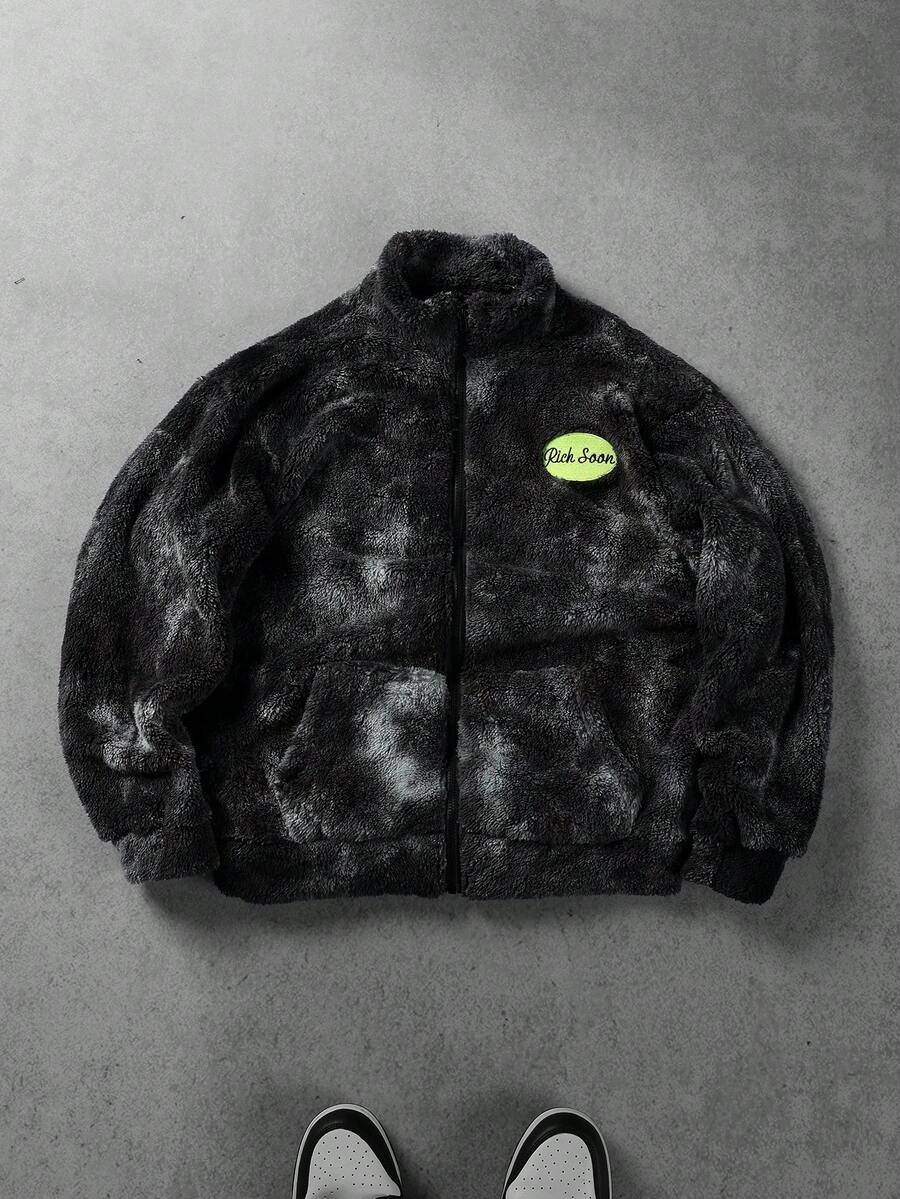 Manfinity Homme Men's Autumn/Winter Tie-Dye Letter Zip-Up Fleece Jacket Y2k Zip Up Shark Jacket Y2k Jacket Men S Street Wear Zip Up - Grey - View 1