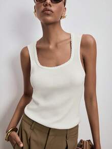 ATUI Studio 女士针织背心，蕾丝边方领无袖休闲百搭吊带背心，时尚百搭，休闲叠穿针织背心 - 米色 - 查看 7