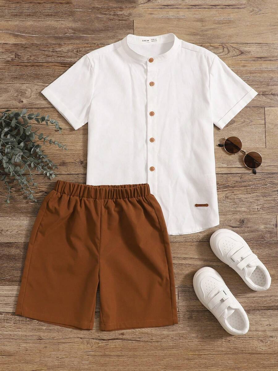 SHEIN Tween Boy Summer Casual Stand Collar Colorblock Button-Up Shirt And Shorts Set - Multicolor - View 1
