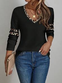 EMERY ROSE Áo thun dài tay cổ chữ V họa tiết da báo và sọc tương phản cổ điển thanh lịch dành cho nữ, thoải mái cho mùa xuân và mùa thu - Nhiều màu - Xem 3