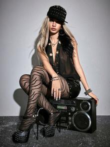ROMWE Grunge Punk Top de mujer con cuello profundo drapeado y espalda descubierta - Negro - Ver 1