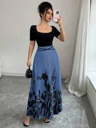 Rafferiza Women's Elegant Fitted Waist Tie Qipao Style Printed Short Sleeve Dress