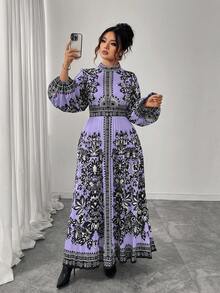 Elenzga Váy xòe dài xếp ly cỡ lớn dành cho nữ, màu đen và mơ, cổ tròn, thắt eo, thon gọn, tay dài, thanh lịch cho tiệc trà chiều và đi chơi, váy dài họa tiết Paisley - Màu tím hoa cà - Xem 6