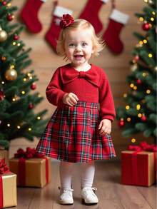 Souflis Souflis 2pcs/Set French 2025 Autumn/Winter New Christmas Element Big Bow Thick Red Long Sleeve T-Shirt Matched With Plaid Pleated Skirt, Suitable For School, Outing, And Play, Girls Outfit - Burgundy - View 8