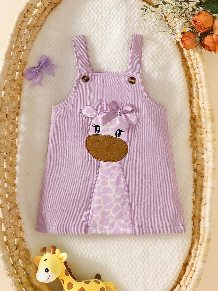 SHEIN Baby Girl Cute Deer Embroidery Strap Casual Outdoor Dress, Spring/Autumn - Purple - View 1