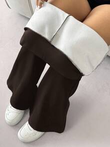 SHEIN EZwear Quần ống loe lót nhiệt màu sô cô la cỡ lớn giữ ấm mùa đông - Màu nâu Sô-cô-la - Xem 1