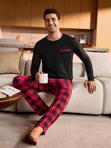 Manfinity Underwear&Sleepwear Basics 男士格子印花拼接口袋长袖上衣和宽松长裤睡衣套装，秋冬服装，圣诞节 - 黑色 - 查看 1